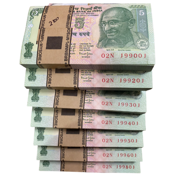 Untitled (1000 x 1000 px) (47) ₹5 Rupee Bundle Set | Extremely Rare 1st Issue | 7 Bundles from same Rim | Without Year | Super Milky White | Many Fancy and Semi-Fancy Notes | Vimal Jalan Signature