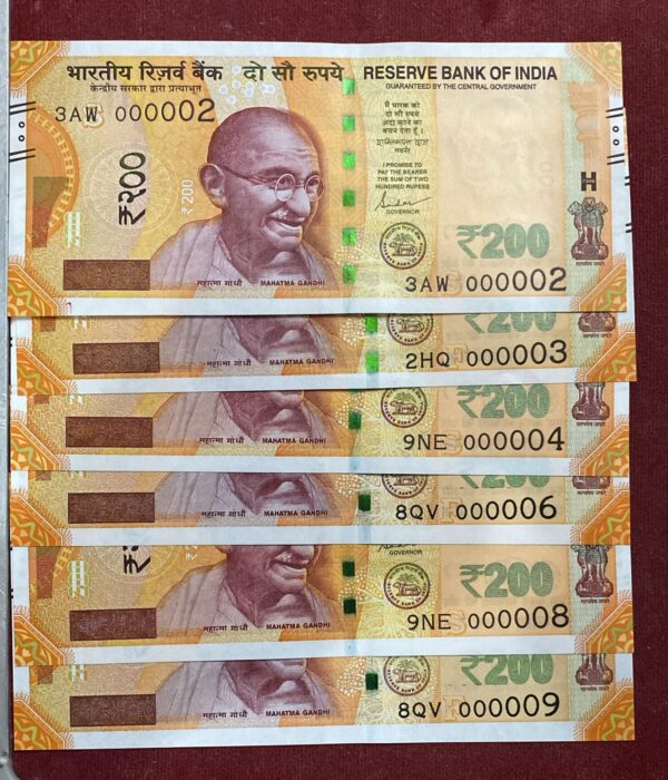 WhatsApp Image 2026-02-19 at 3.15.55 AM ₹200 Rupee Fancy Number Set of 6 Notes | 000002, 000003, 000004, 000006, 000008, 000009 | Collectible