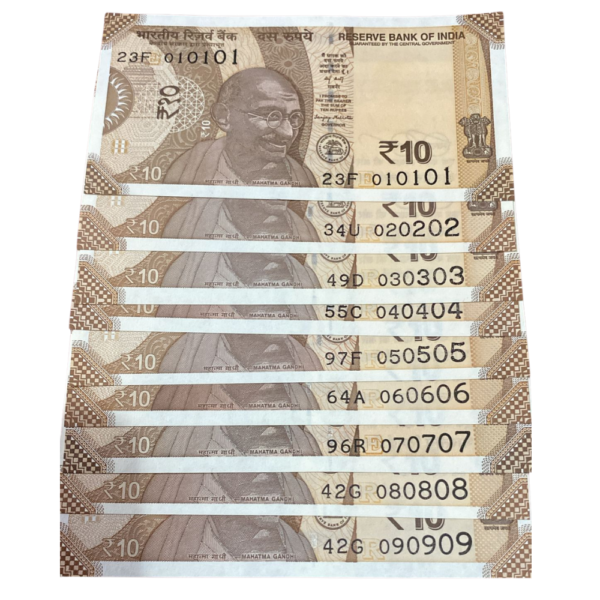 ₹10 Rupee Tripping Fancy Set | 010101–090909 | Repeater Serial Notes | Indian Currency Collectible