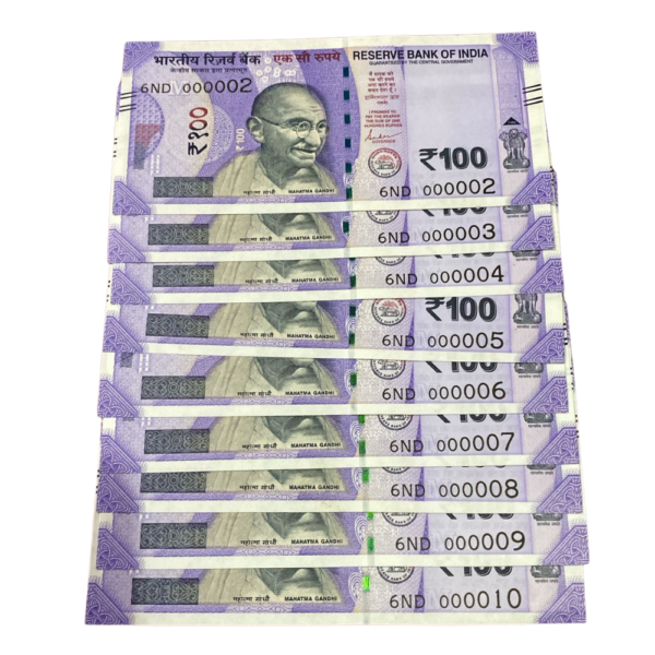 ₹100 Rupee Low Serial Number Set | 000002–000010 | Fancy Number Notes | Rare Indian Currency Collectible