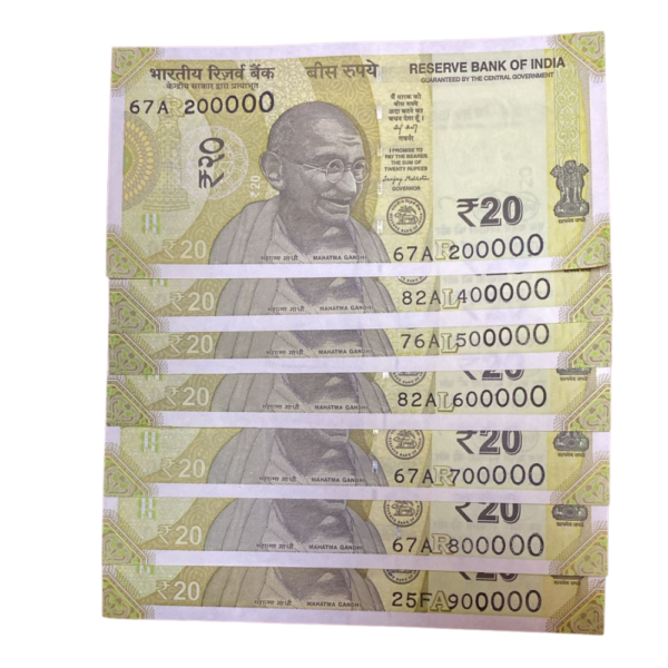 Untitled (1000 x 1000 px) - 2026-05-01T012917.765 ₹20 Rupee Lakha Number Set of 7 Notes | Same Prefix A (6 Notes) | Collectible | Condition as per Scan